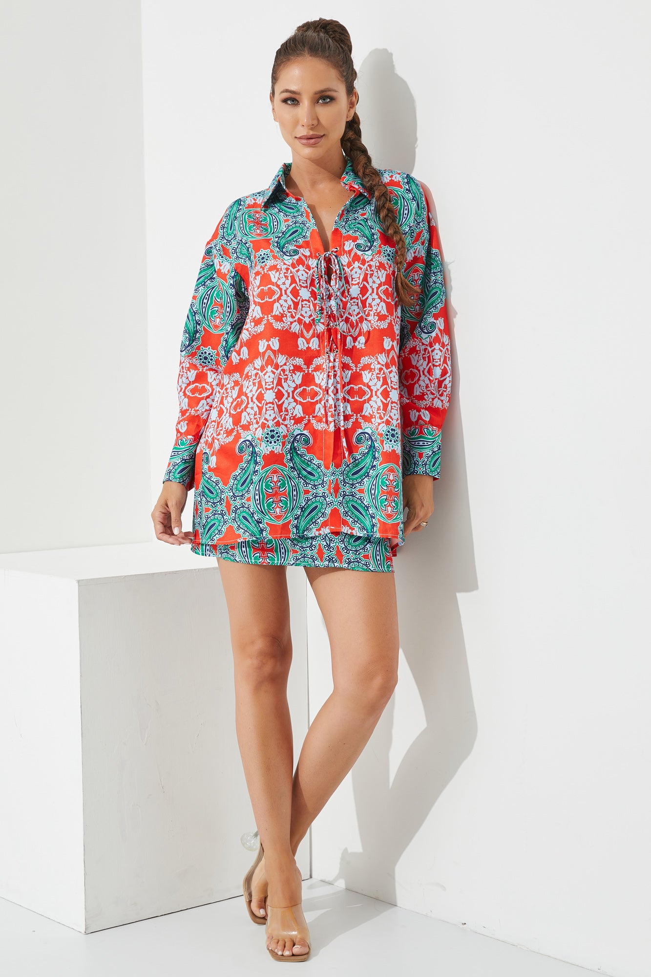 Woven Print Lace Up Shirt and Skirt Set