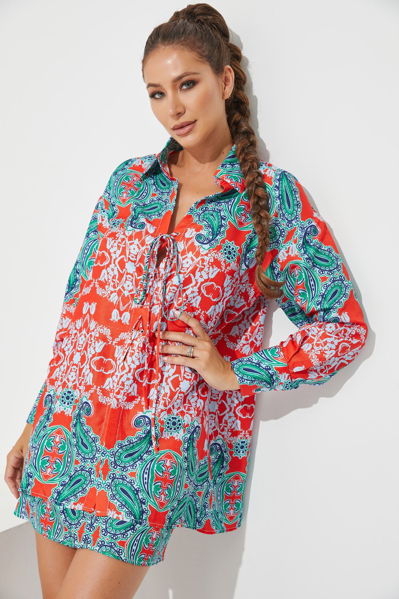 Woven Print Lace Up Shirt and Skirt Set