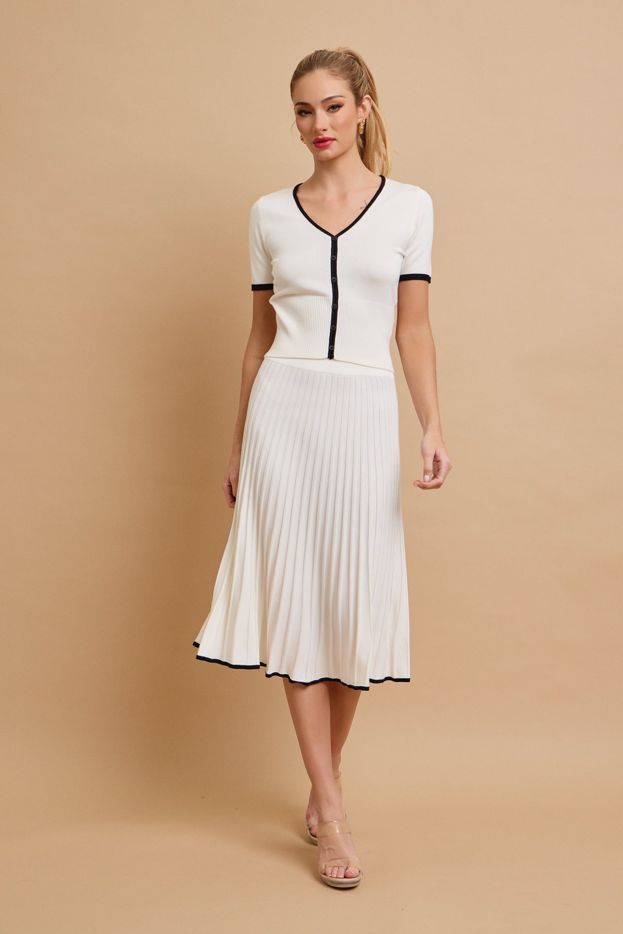 Evadne Short Sleeve Top With Flare Skirt Set