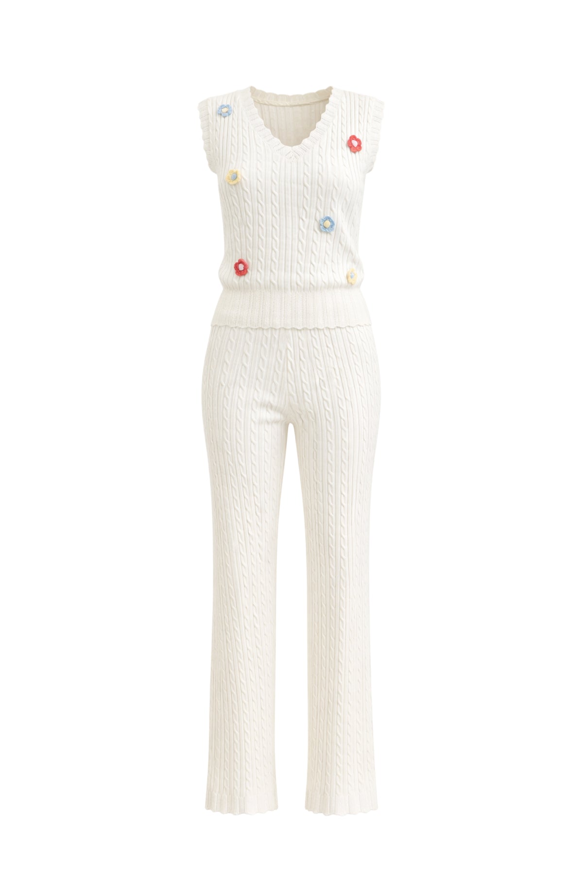 Scallop Bloom Sleeveless Sweater Top & Pants Set