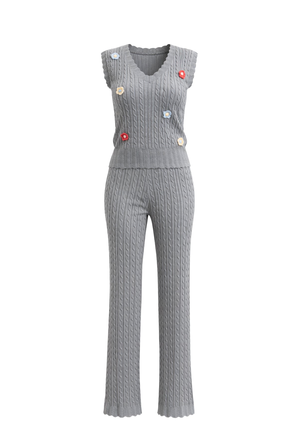 Scallop Bloom Sleeveless Sweater Top & Pants Set