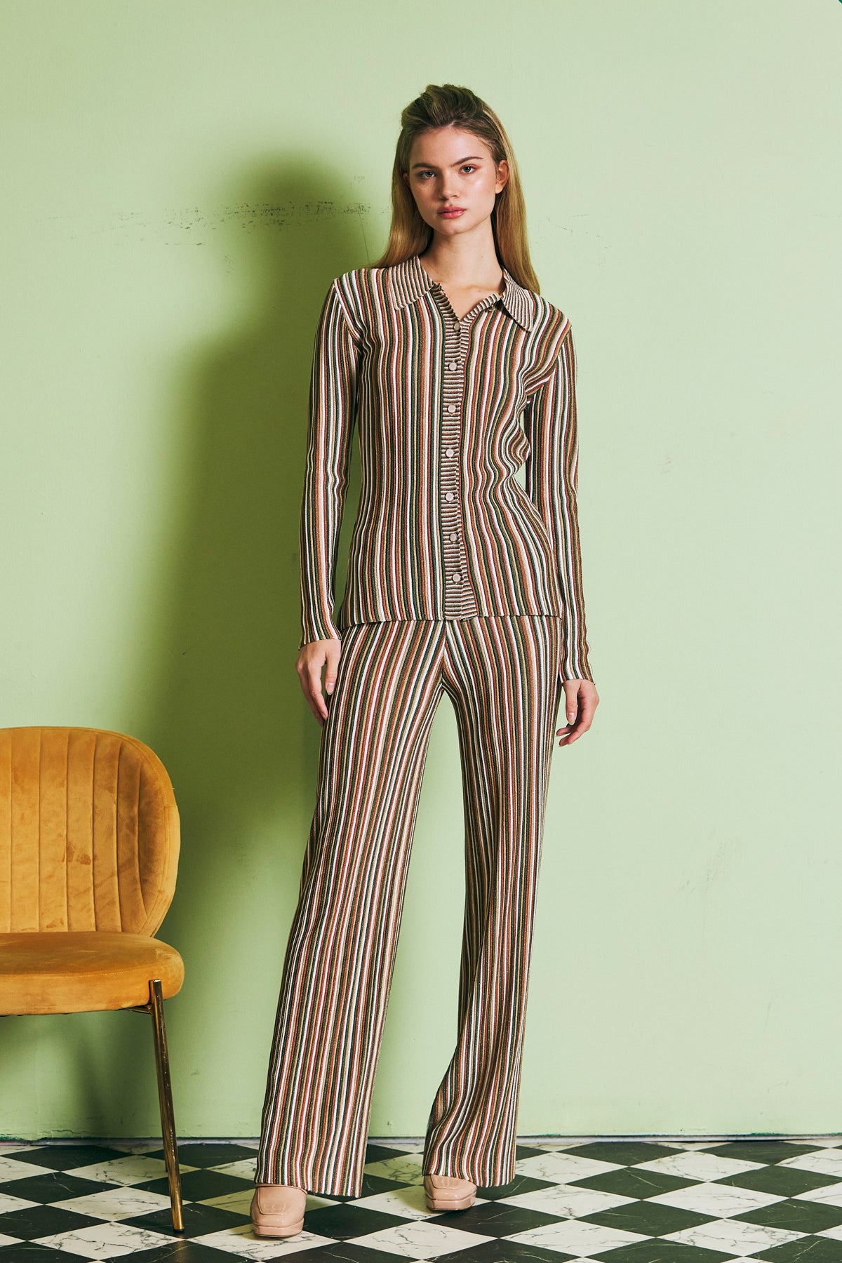 Caprière Long Sleeve Striped Knit Top with Pants Set