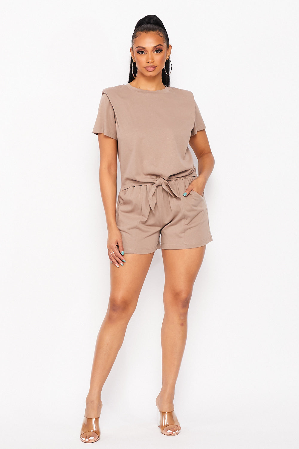 Short Sleeve Tie Crop Top With Shorts Set
