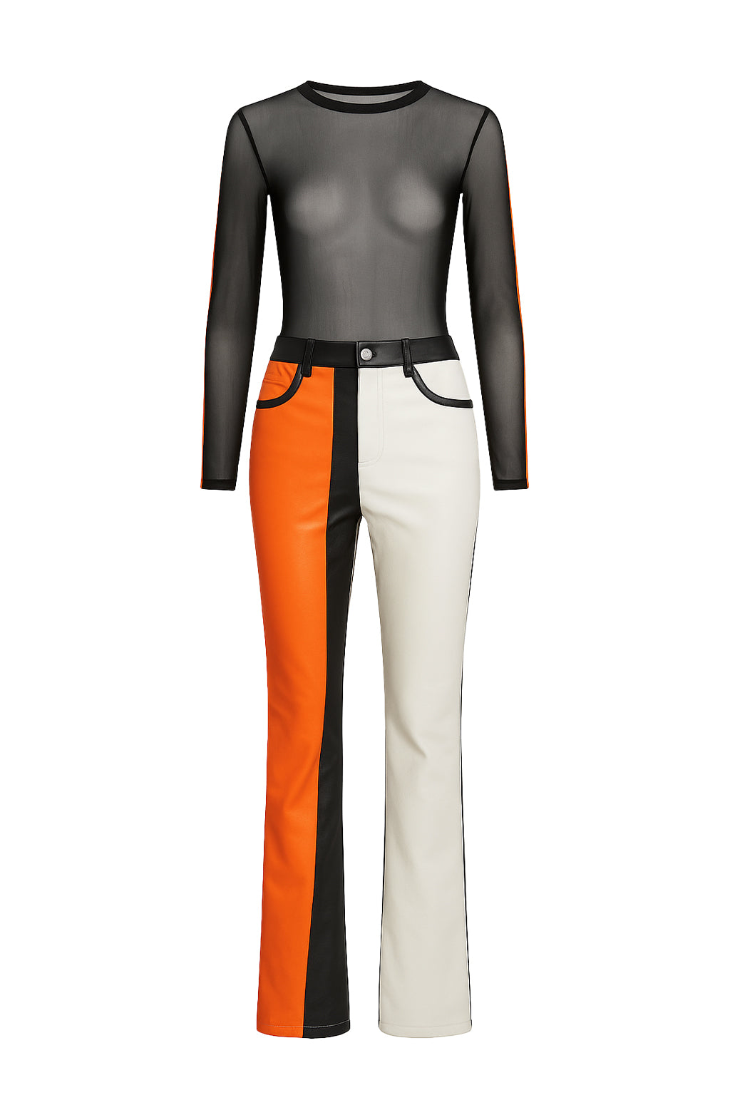Sheer Mesh Bodysuit and Pu Color Block Flare Pants