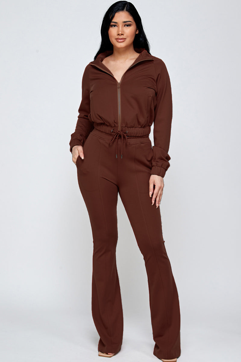Simple Day Knit Track Jacket and Flare Pants Set