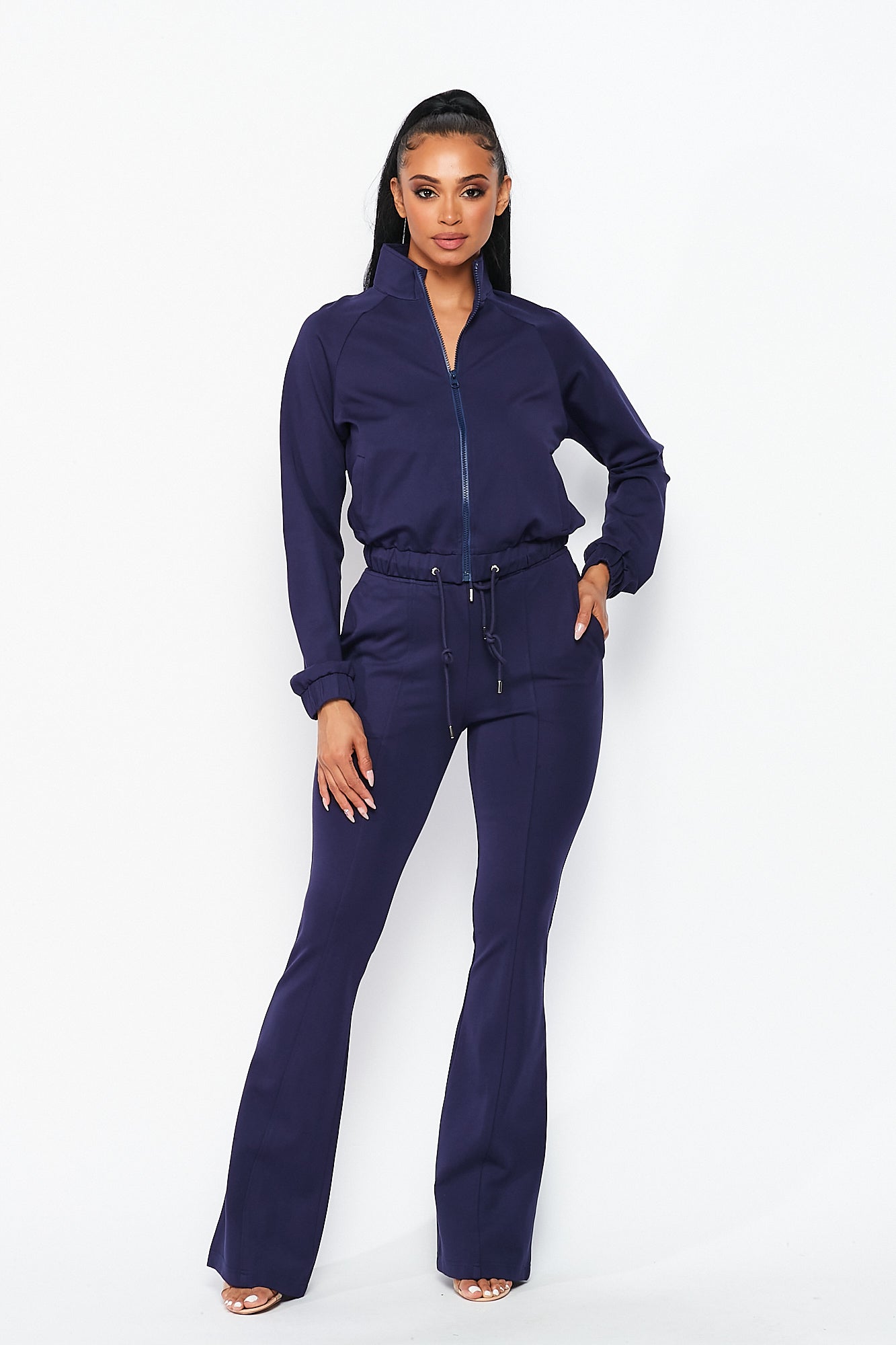 Simple Day Knit Track Jacket and Flare Pants Set