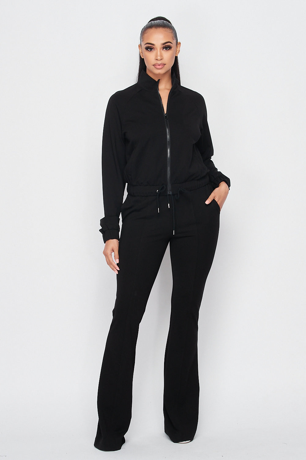Simple Day Knit Track Jacket and Flare Pants Set