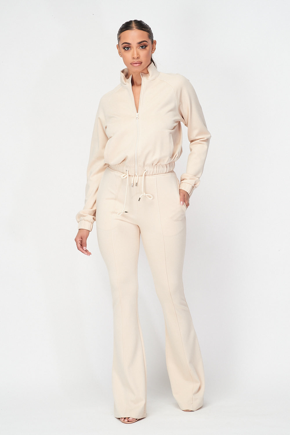 Simple Day Knit Track Jacket and Flare Pants Set