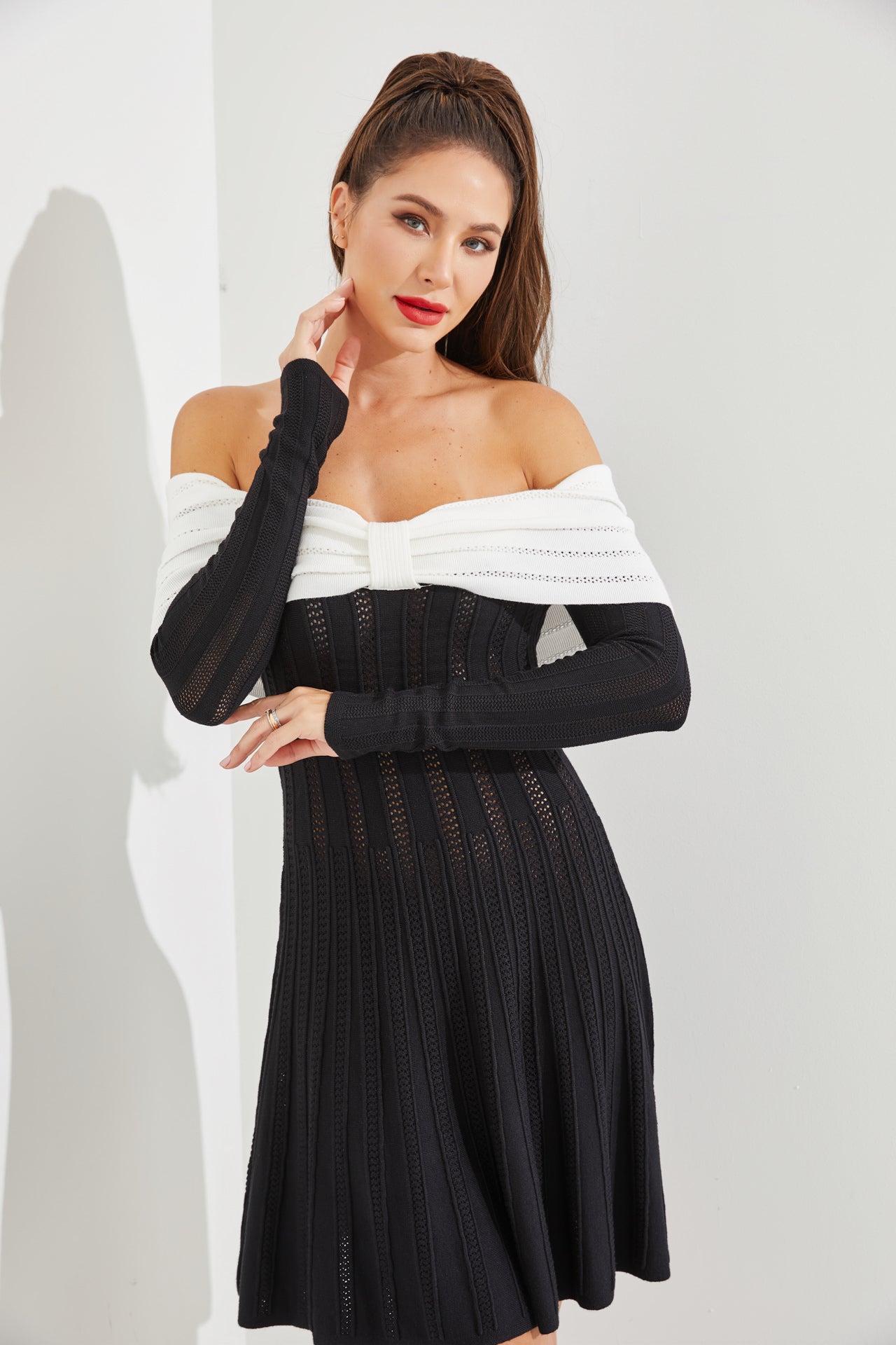 Knit Off Shoulder Two Toned Rib Mini Dress