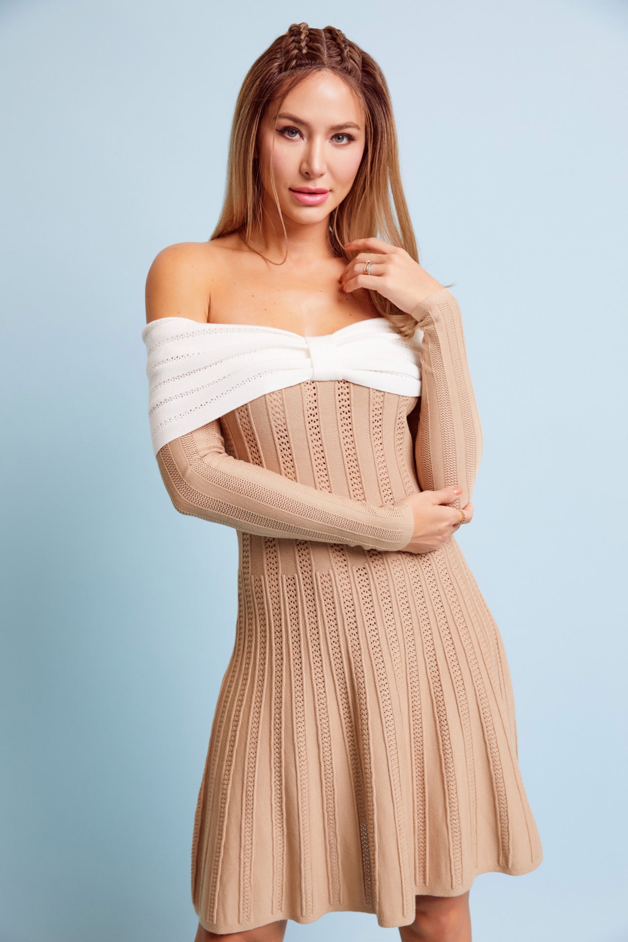 Knit Off Shoulder Two Toned Rib Mini Dress