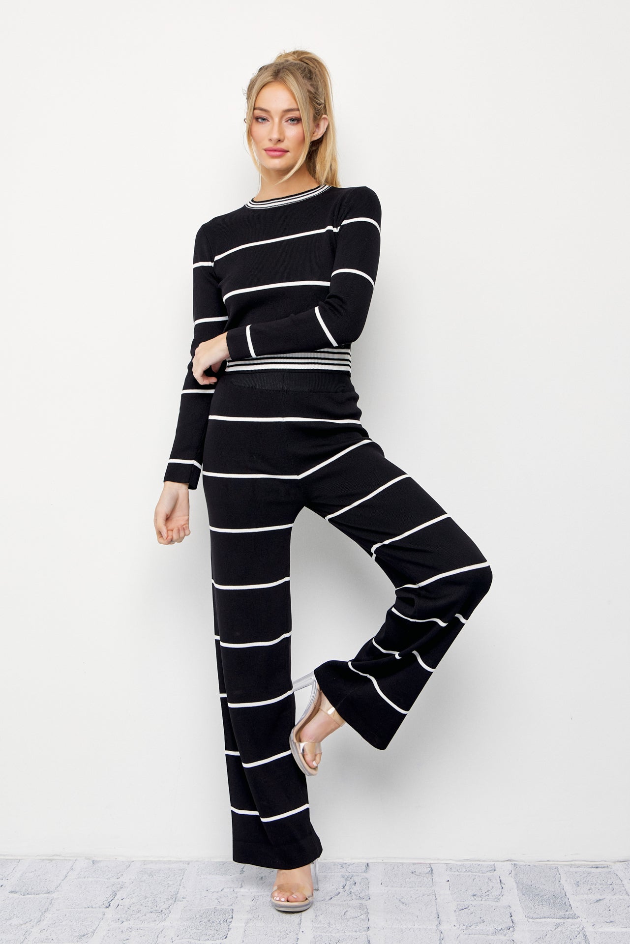 Casual Stripe Aesthetic Long Sleeve Top and Pants Set