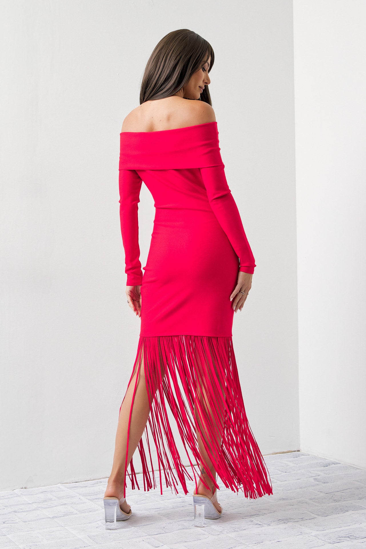 Turn Heads Knit Off Shoulder Long Sleeve Fringe Dress