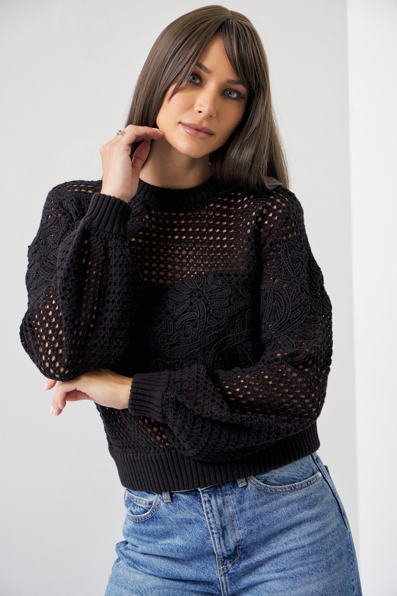 Twice The Love Flower Embroidered Crochet Sweater