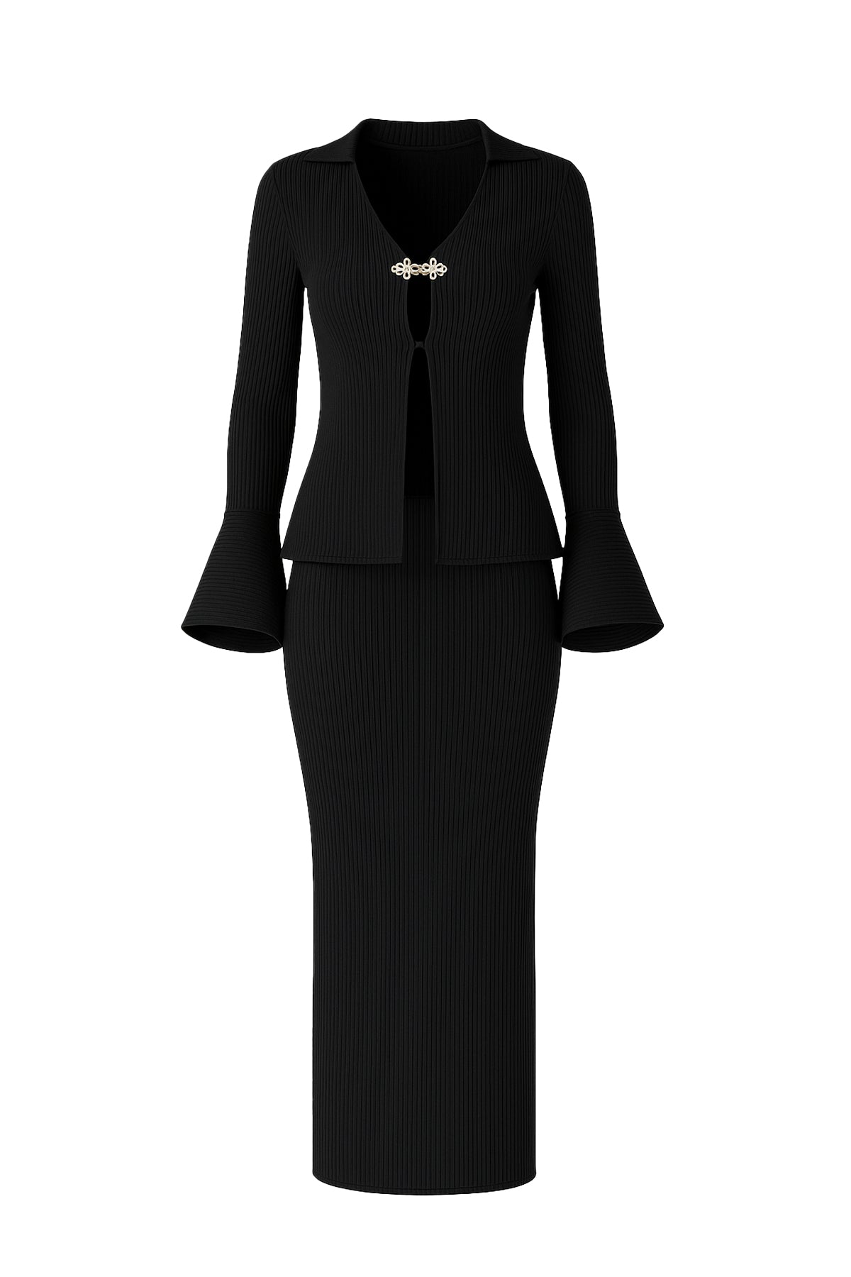 Crystal Buckle Bliss Knit Cardigan and Maxi Front Slit Skirt Set