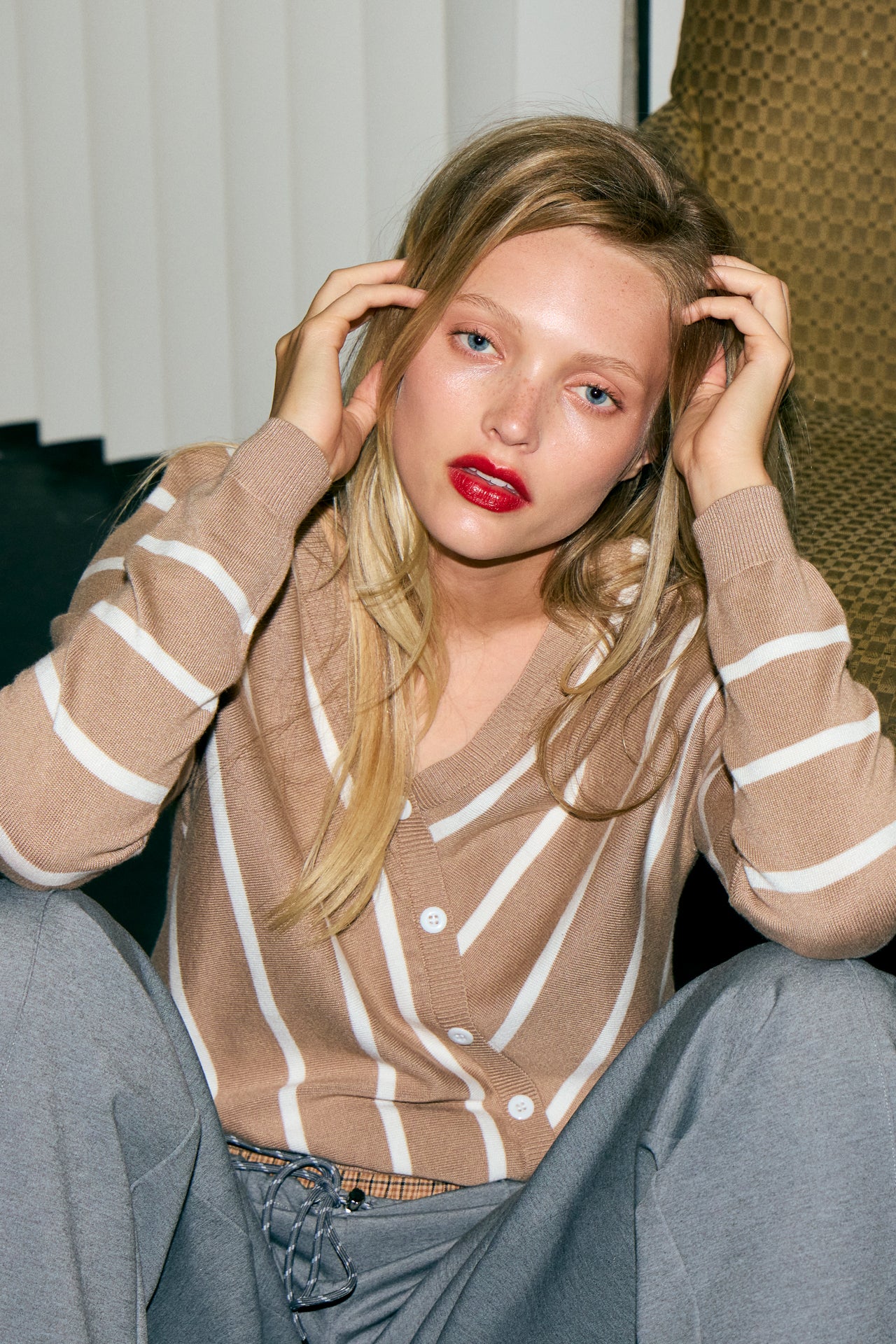 Elysia Knit Stripe Long Sleeve Surplice Top With Button Detail