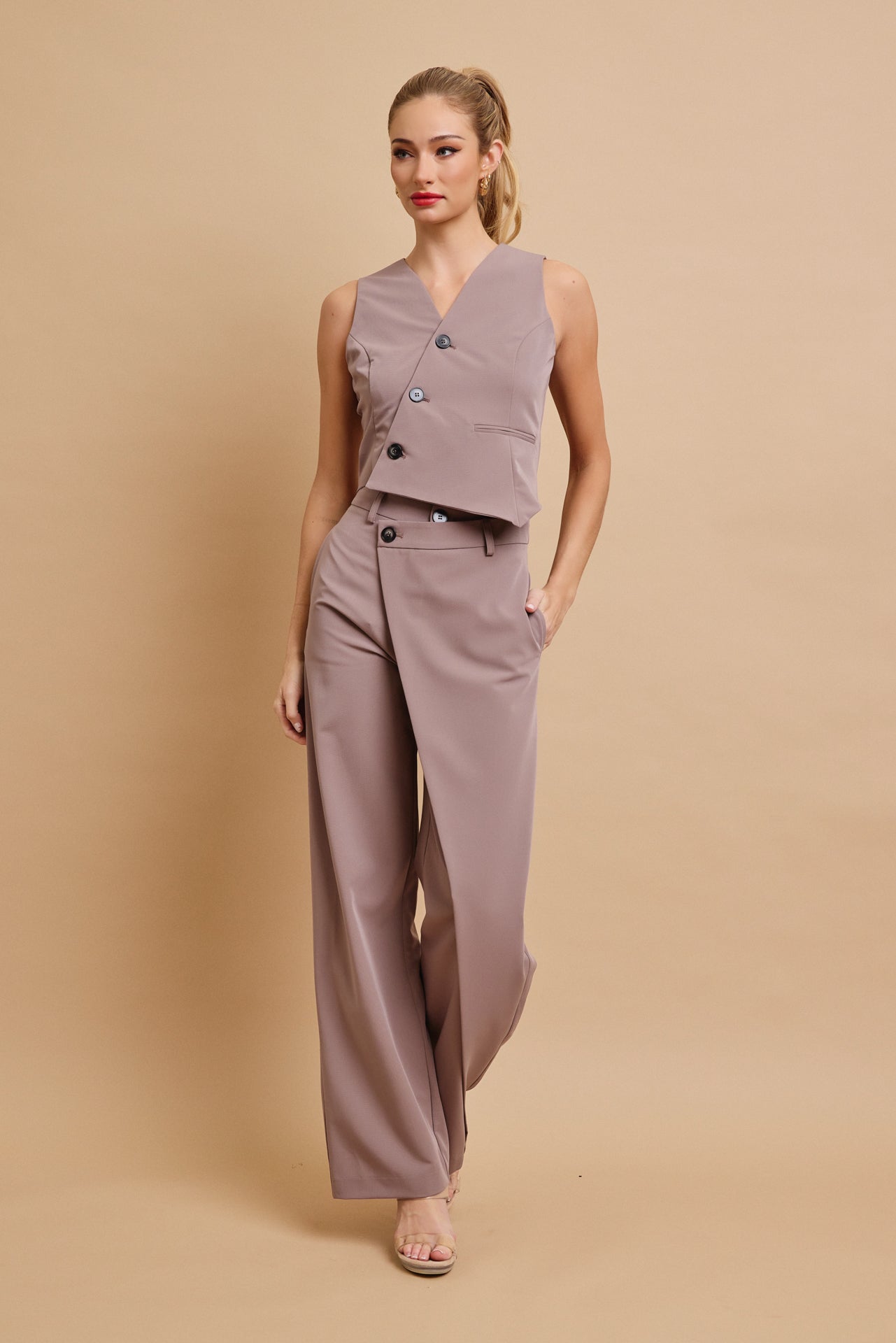 Effortless Flow Woven Asymmetrical Hem Vest & Wide Leg Pants Set
