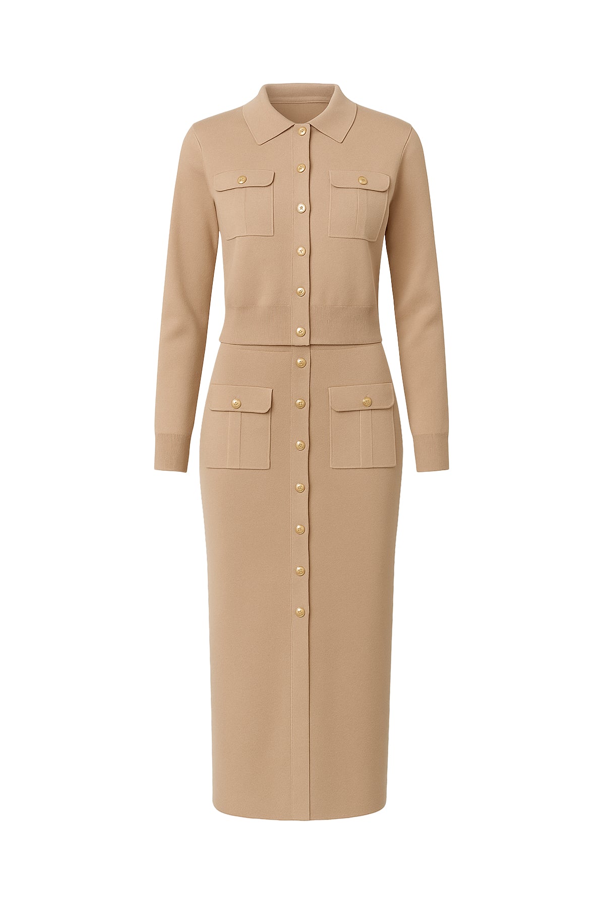 Knit Elegance Cardigan with Collar and Midi Skirt Set