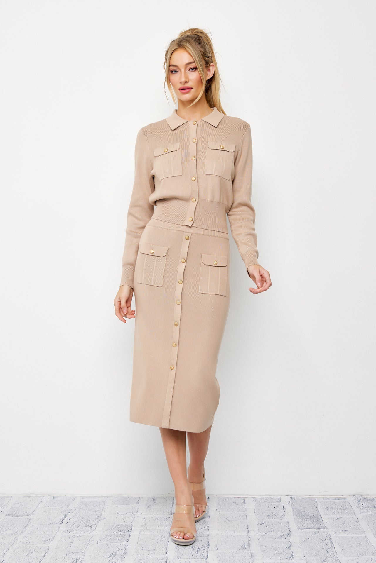 Knit Elegance Cardigan with Collar and Midi Skirt Set
