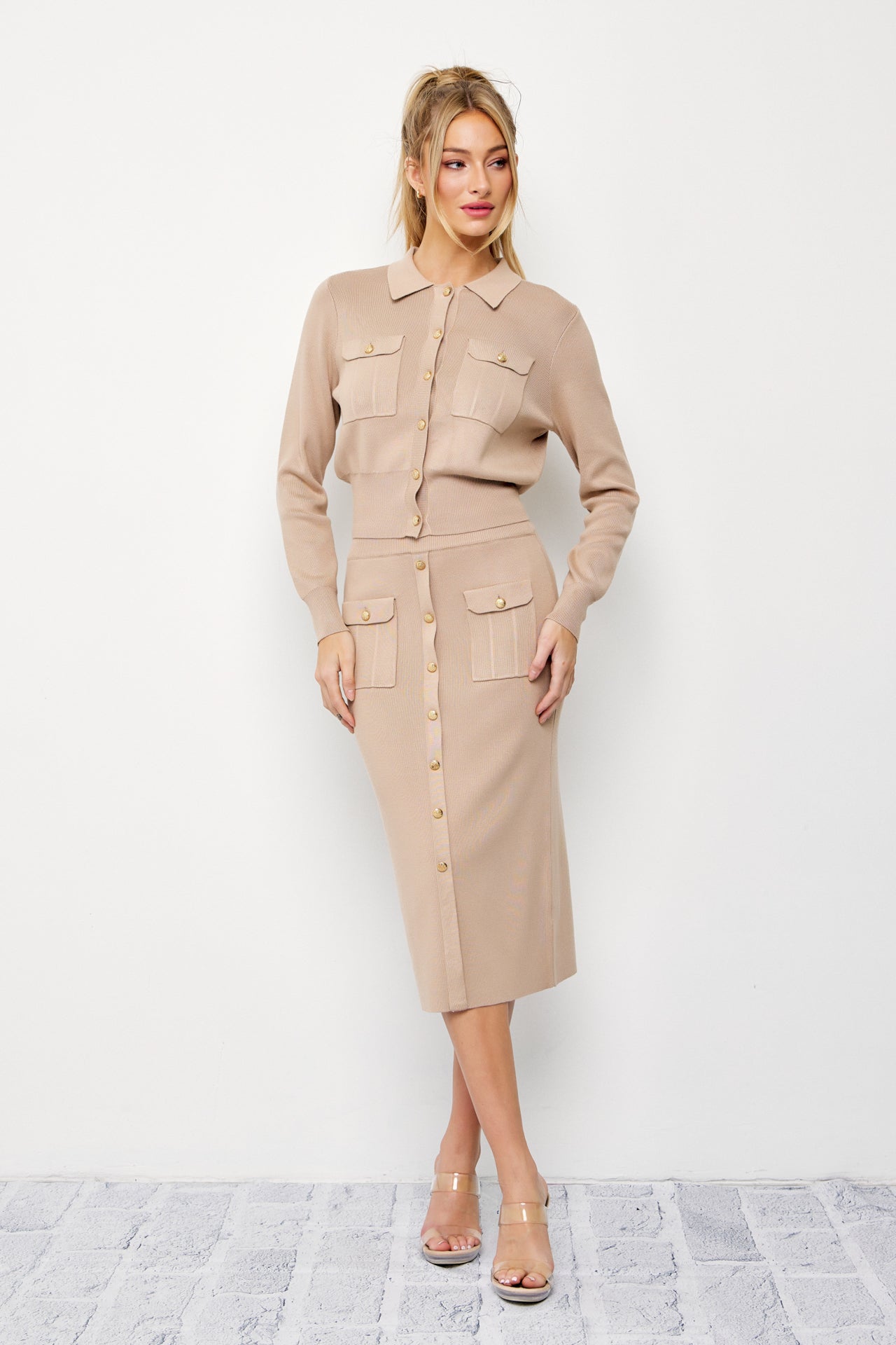 Knit Elegance Cardigan with Collar and Midi Skirt Set