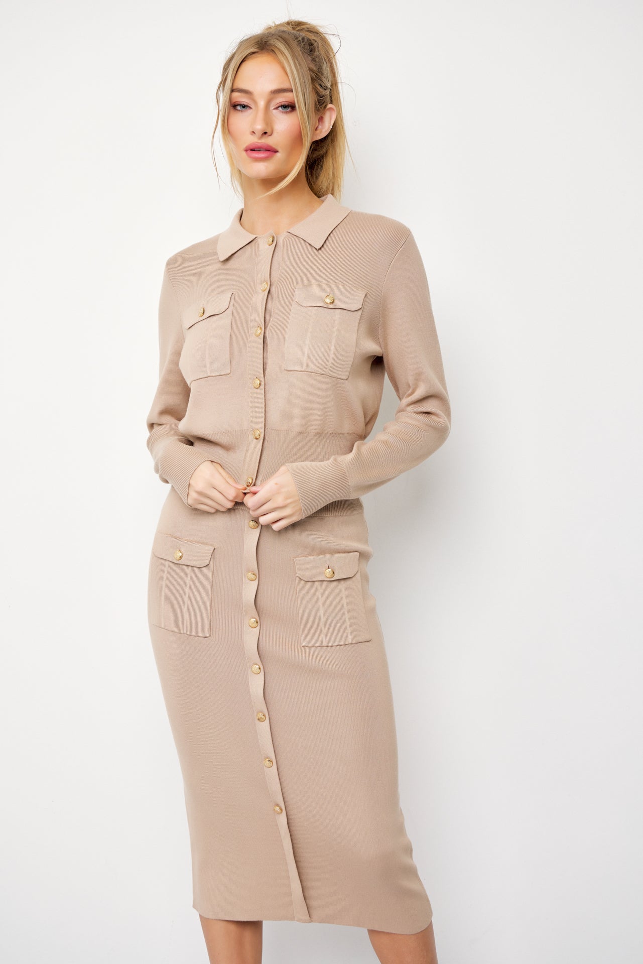 Knit Elegance Cardigan with Collar and Midi Skirt Set