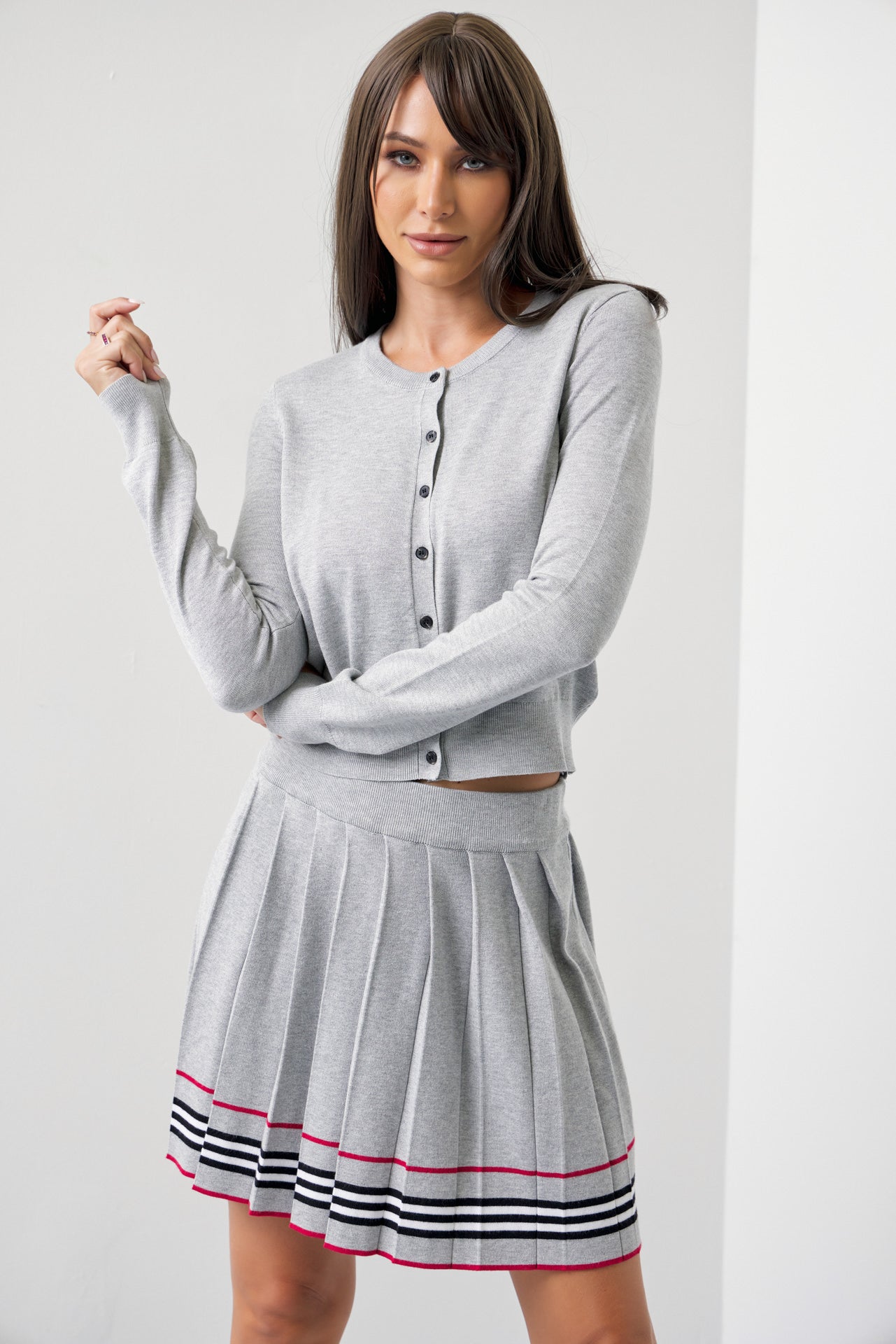 In The Cards Knit Cardigan And Pleated Mini Skirt Set