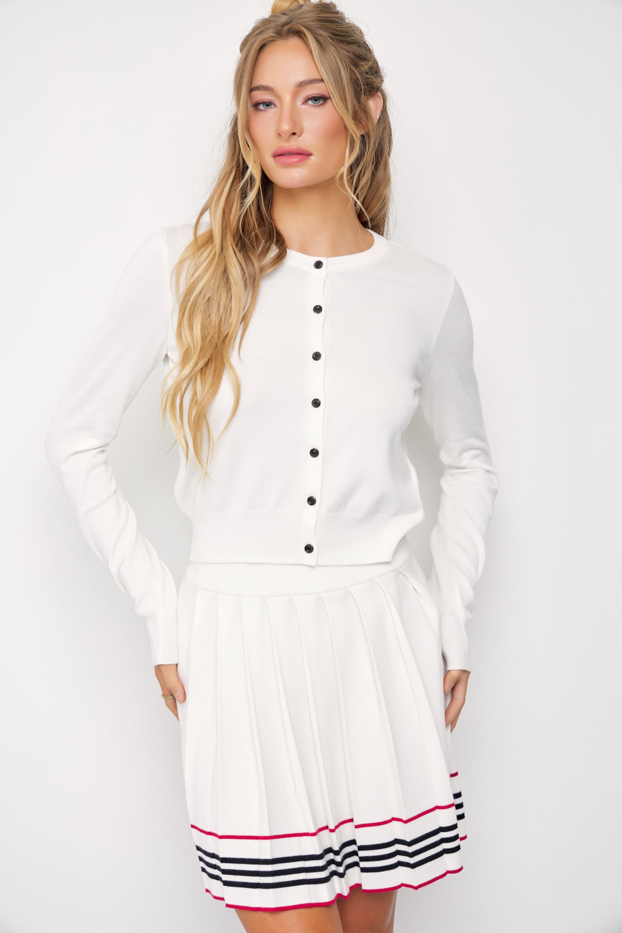 In The Cards Knit Cardigan And Pleated Mini Skirt Set