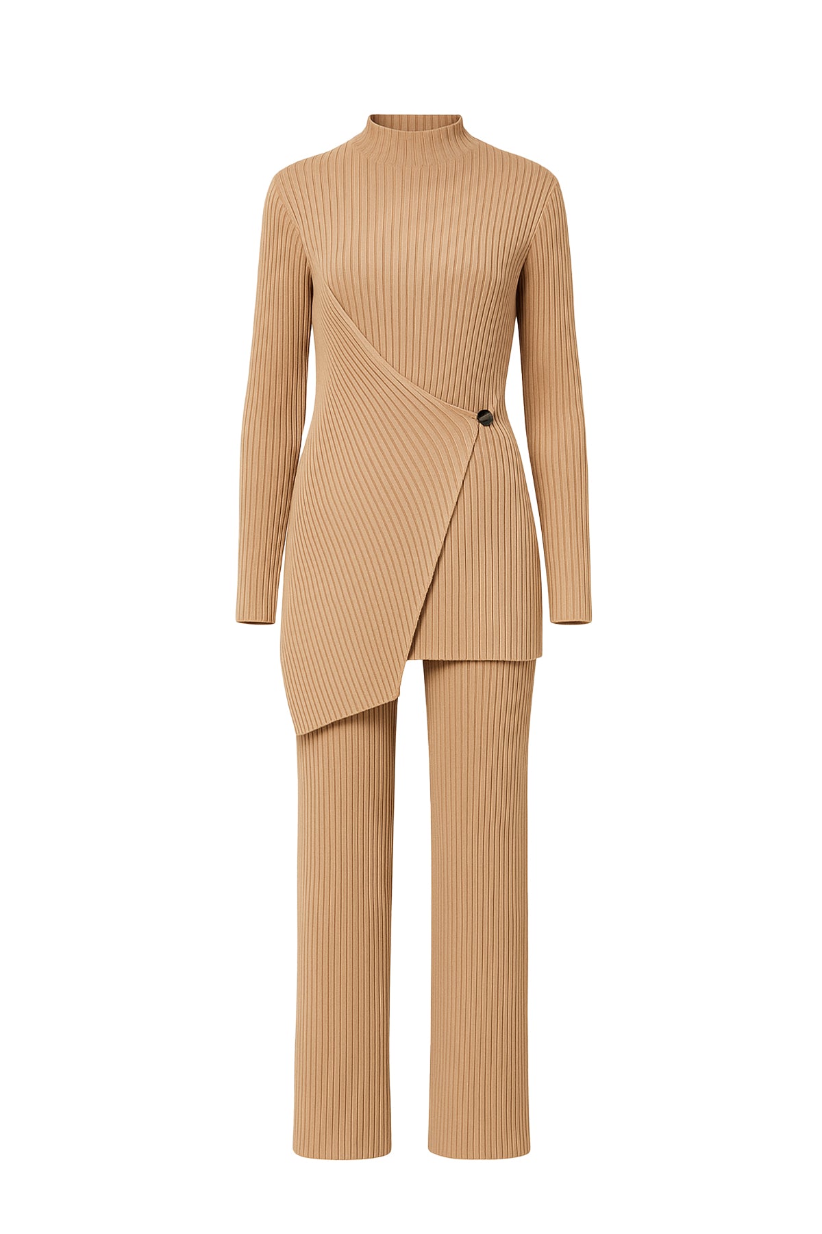 Cozy Chic Rib Knit High-neck Asymmetric Hem Top and Pants Set