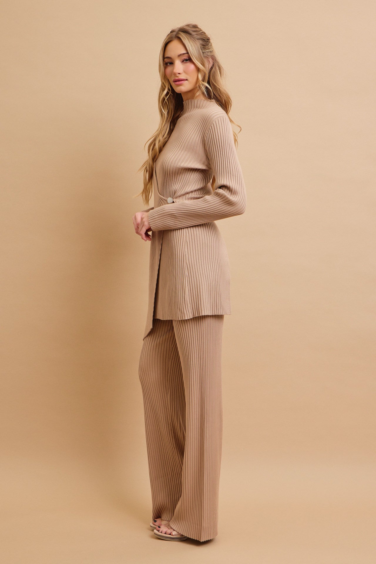 Cozy Chic Rib Knit High-neck Asymmetric Hem Top and Pants Set