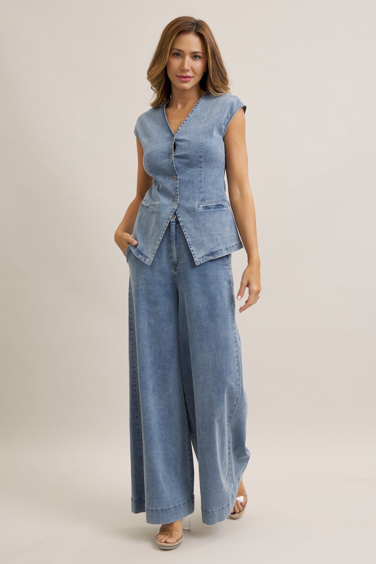 The Denim Ease Woven Long Vest & Wide Leg Pants Duo