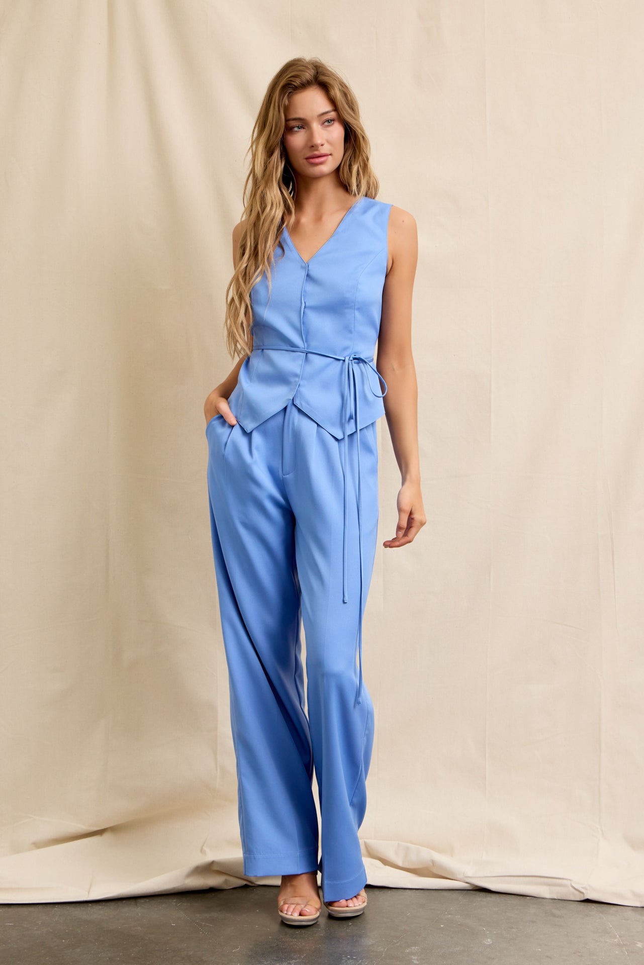 Zephyra Woven Vest With Waist Tie & Pants Set