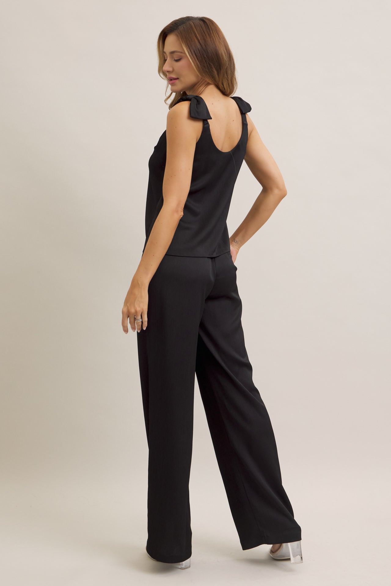 Textured Bow Bliss Woven Top And Pants Set