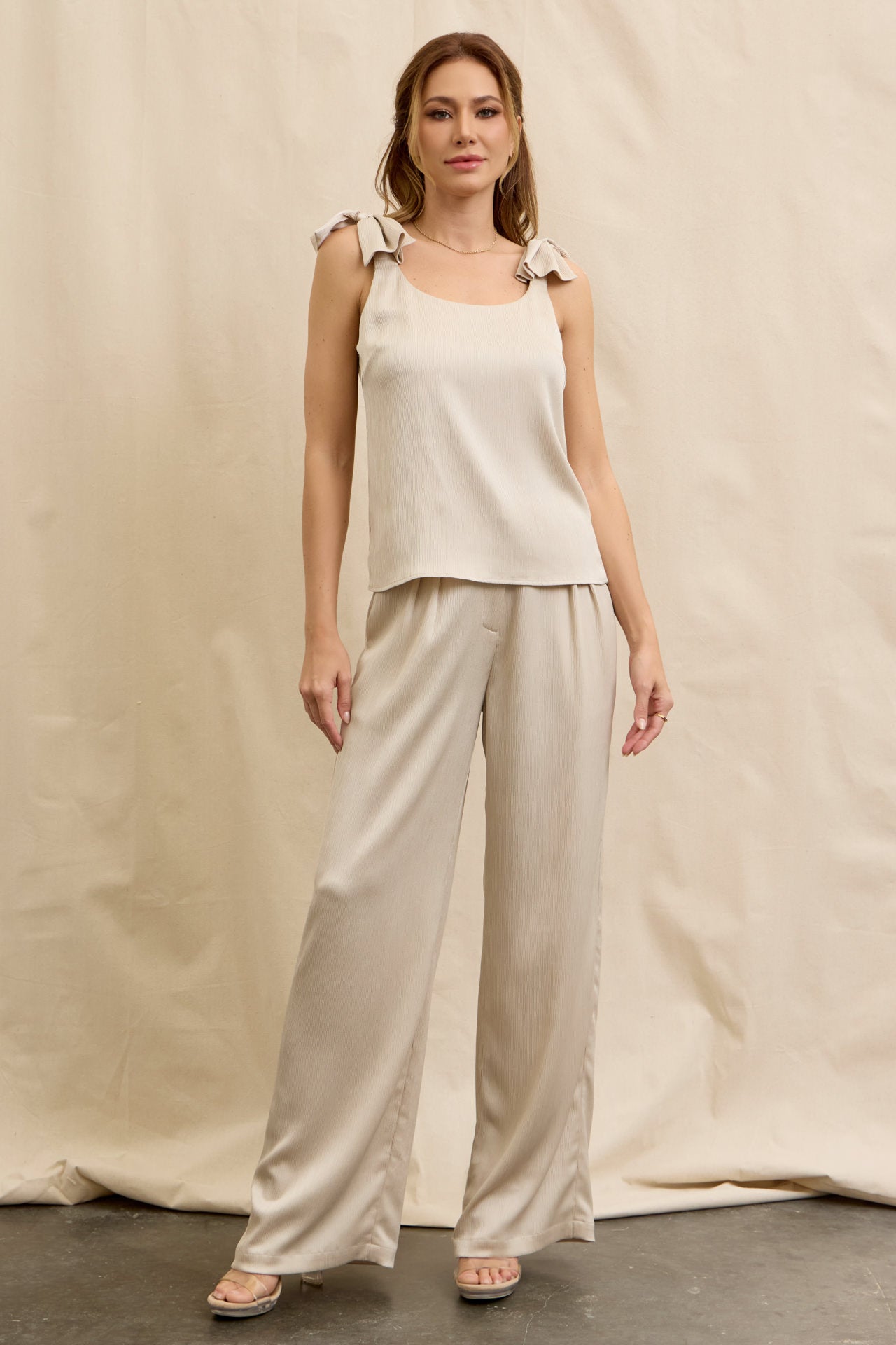 Textured Bow Bliss Woven Top And Pants Set