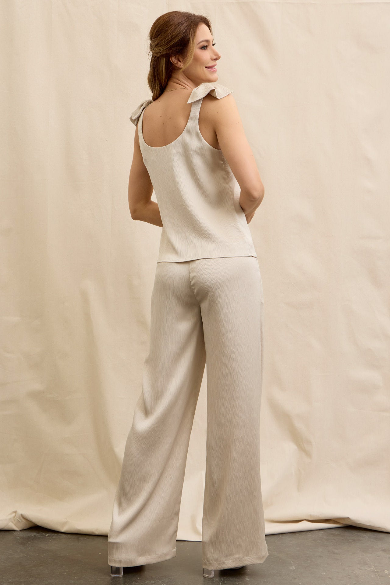 Textured Bow Bliss Woven Top And Pants Set