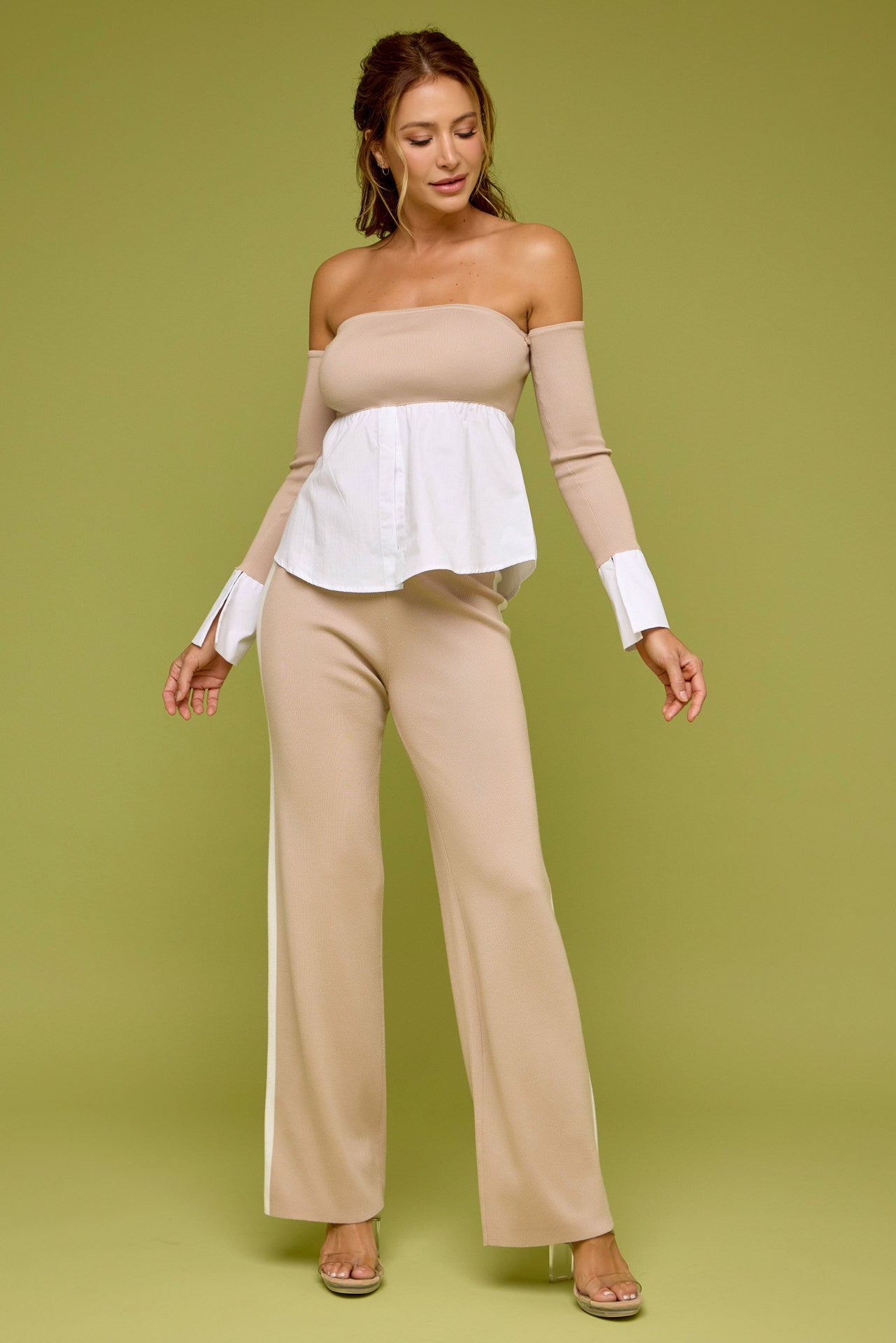 Peek-A-Shoulder Knit Top With Pants Set