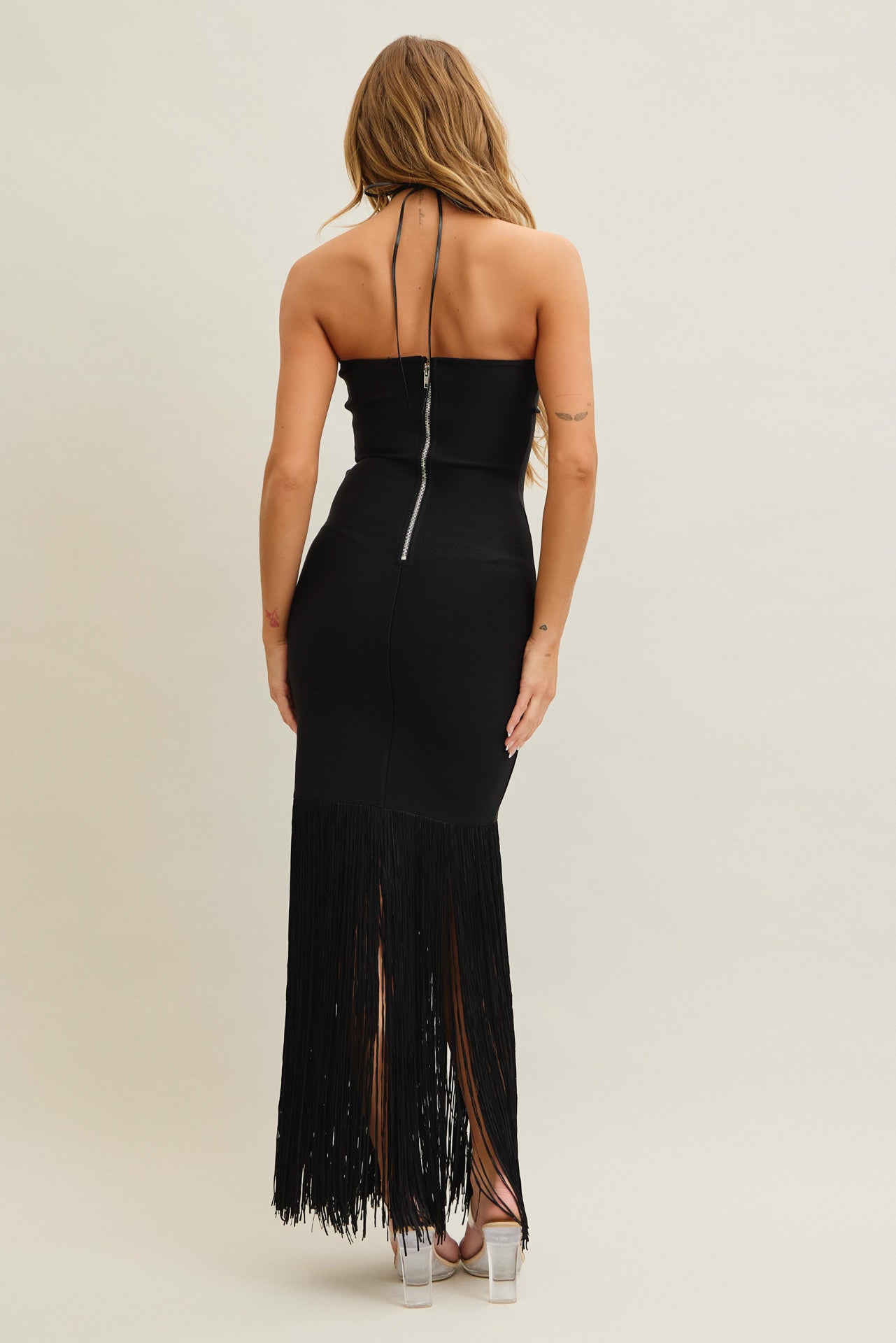 Sia Strapless Bandage Fringe Bodycon Dress