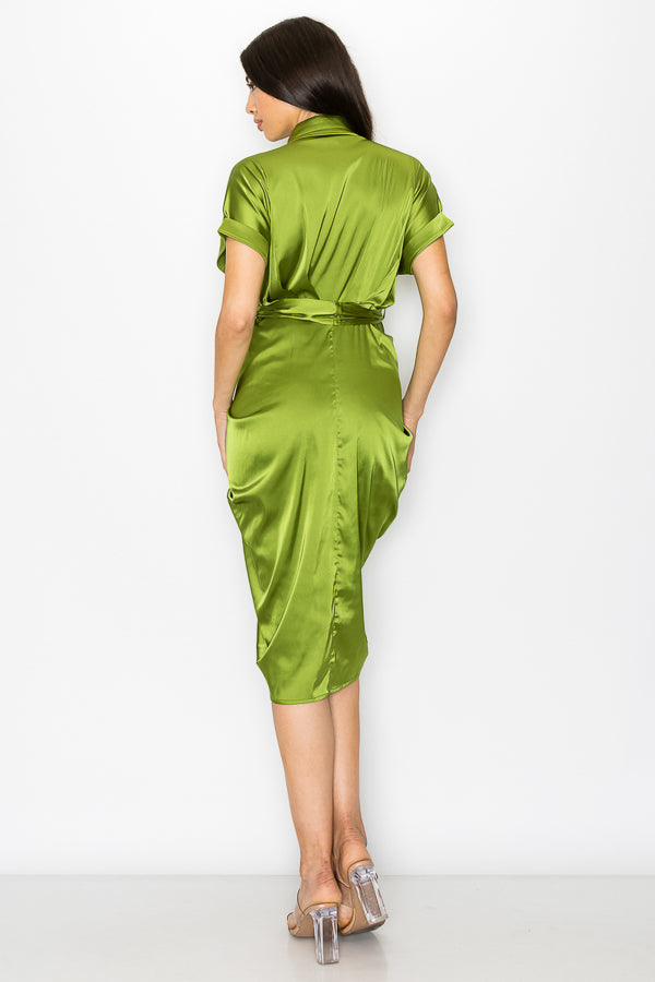 Woven Print Midi Dress With Waist Tie Detail