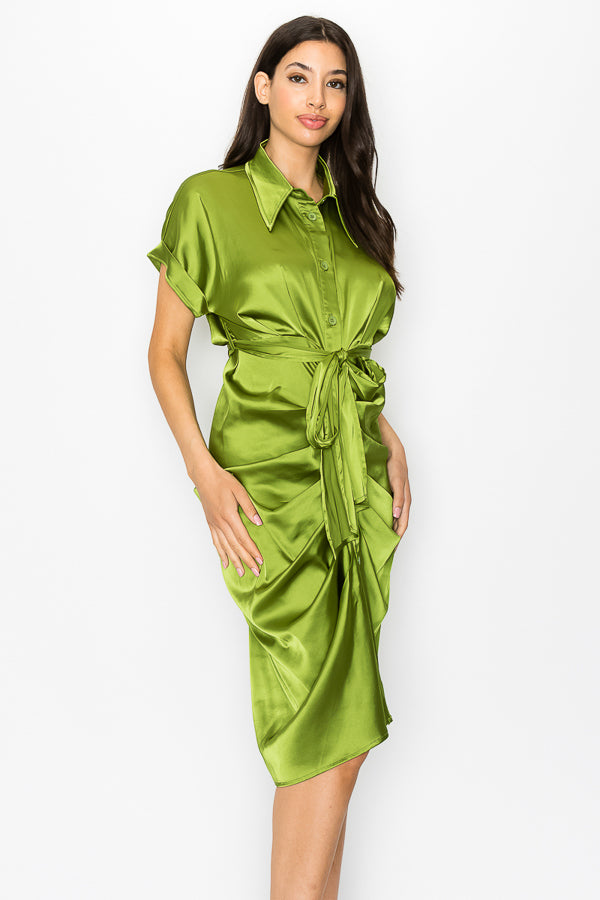 Woven Print Midi Dress With Waist Tie Detail
