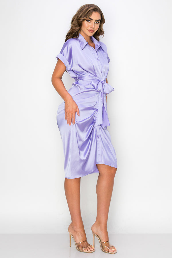 Woven Print Midi Dress With Waist Tie Detail