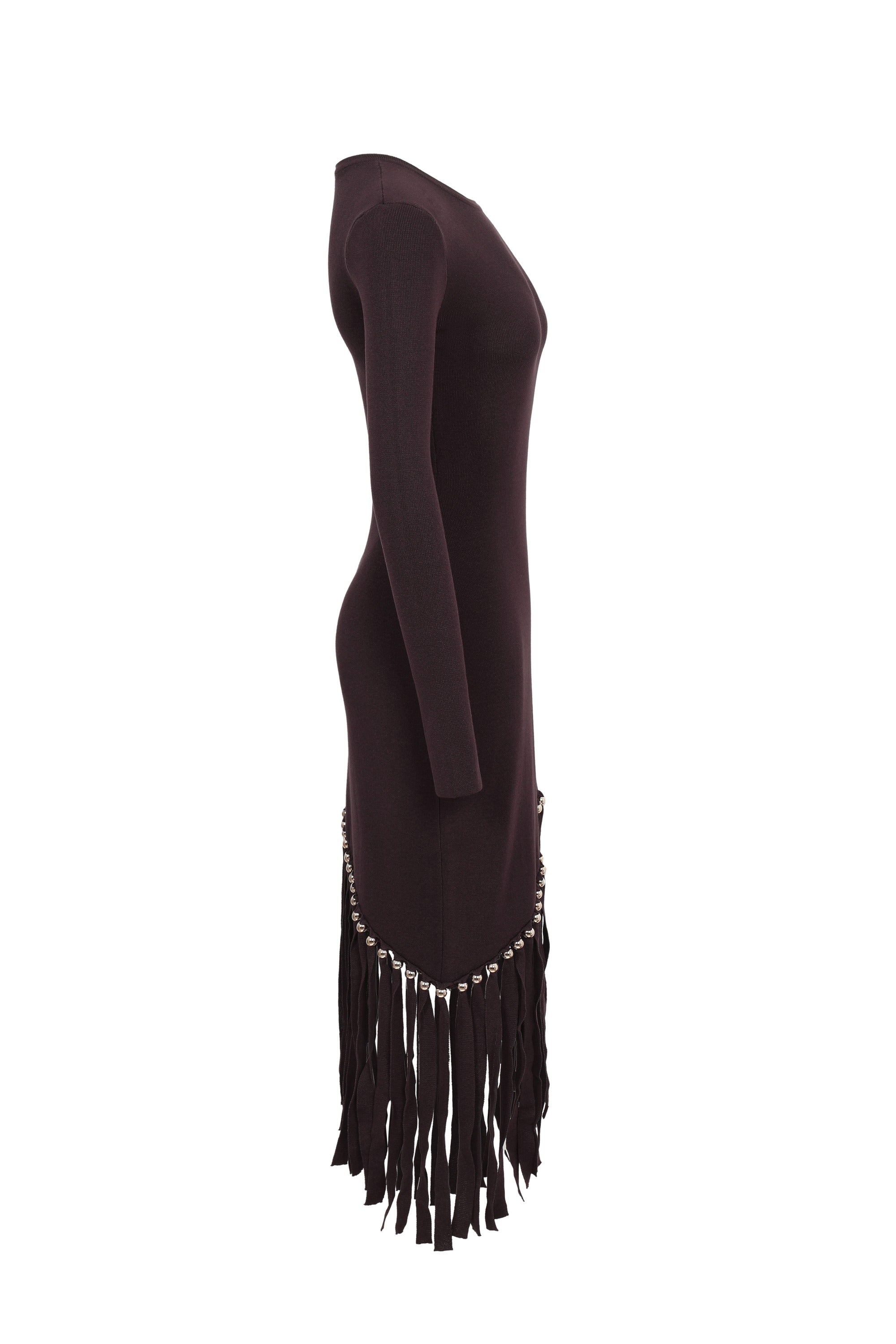 Beaded Fringe Knit Long Sleeve Midi Dress