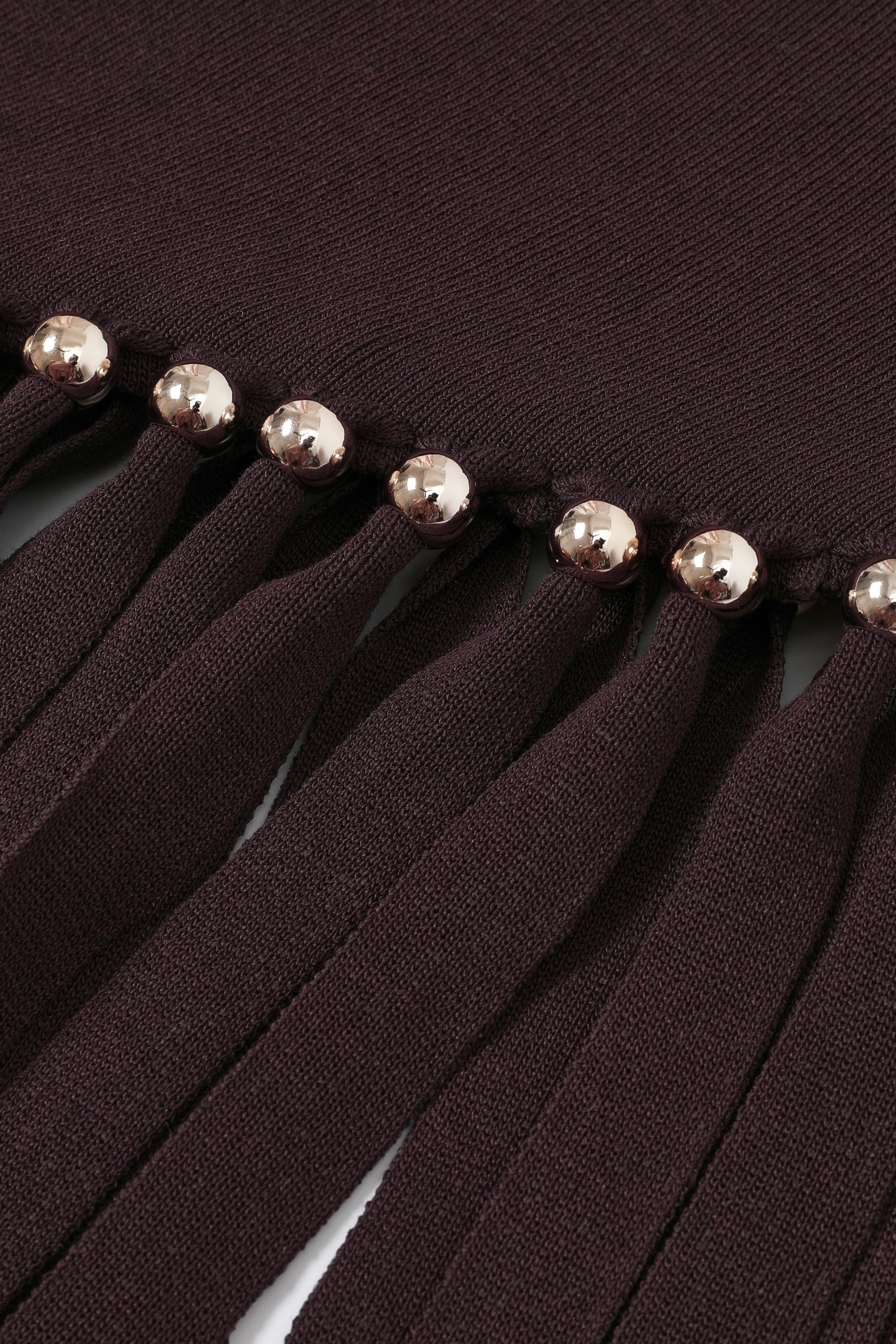 Beaded Fringe Knit Long Sleeve Midi Dress