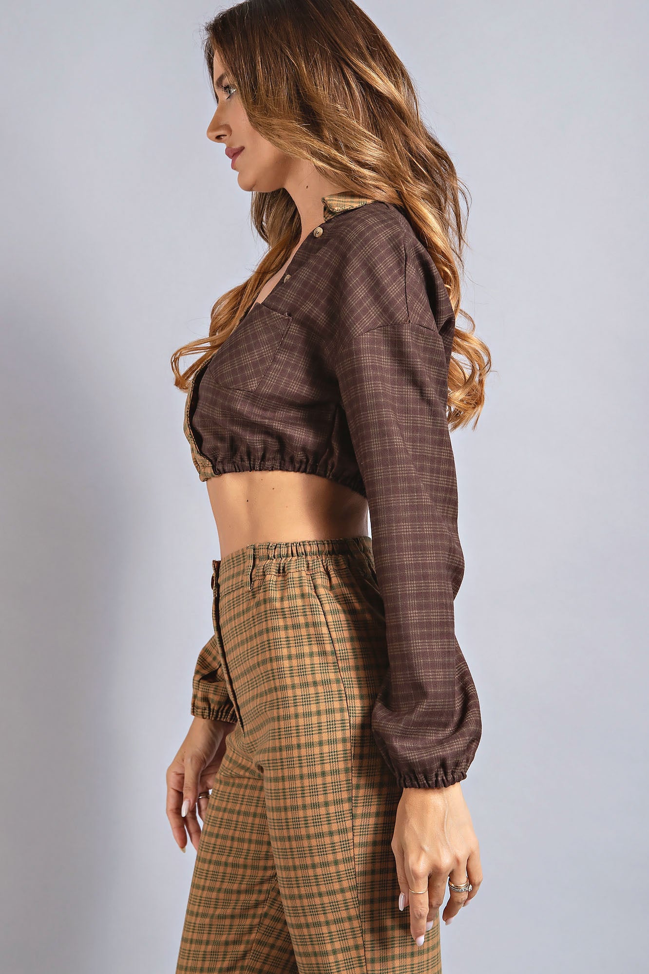 Plaid V-Neck Button Blouse