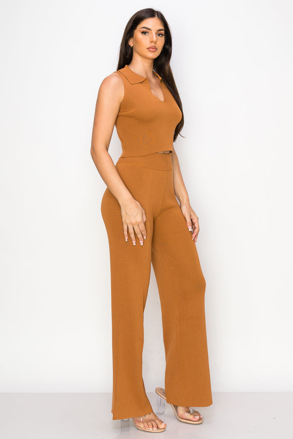 Sleeveless Collar Crop Top and Pants Set
