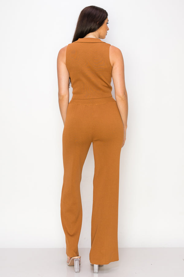 Sleeveless Collar Crop Top and Pants Set