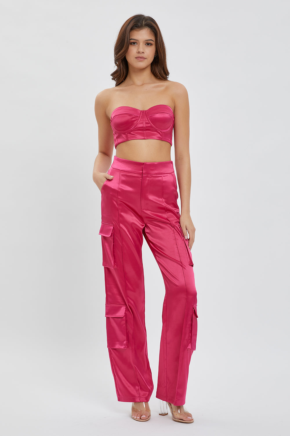 Corset Tube Bra Top and Satin Cargo Pants Set