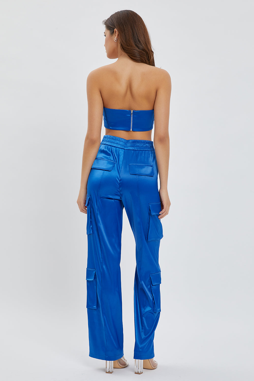 Corset Tube Bra Top and Satin Cargo Pants Set