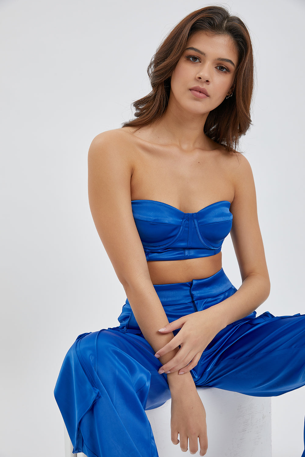 Corset Tube Bra Top and Satin Cargo Pants Set