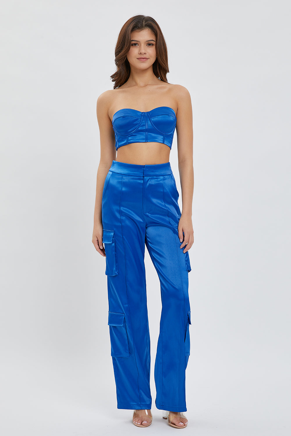 Corset Tube Bra Top and Satin Cargo Pants Set