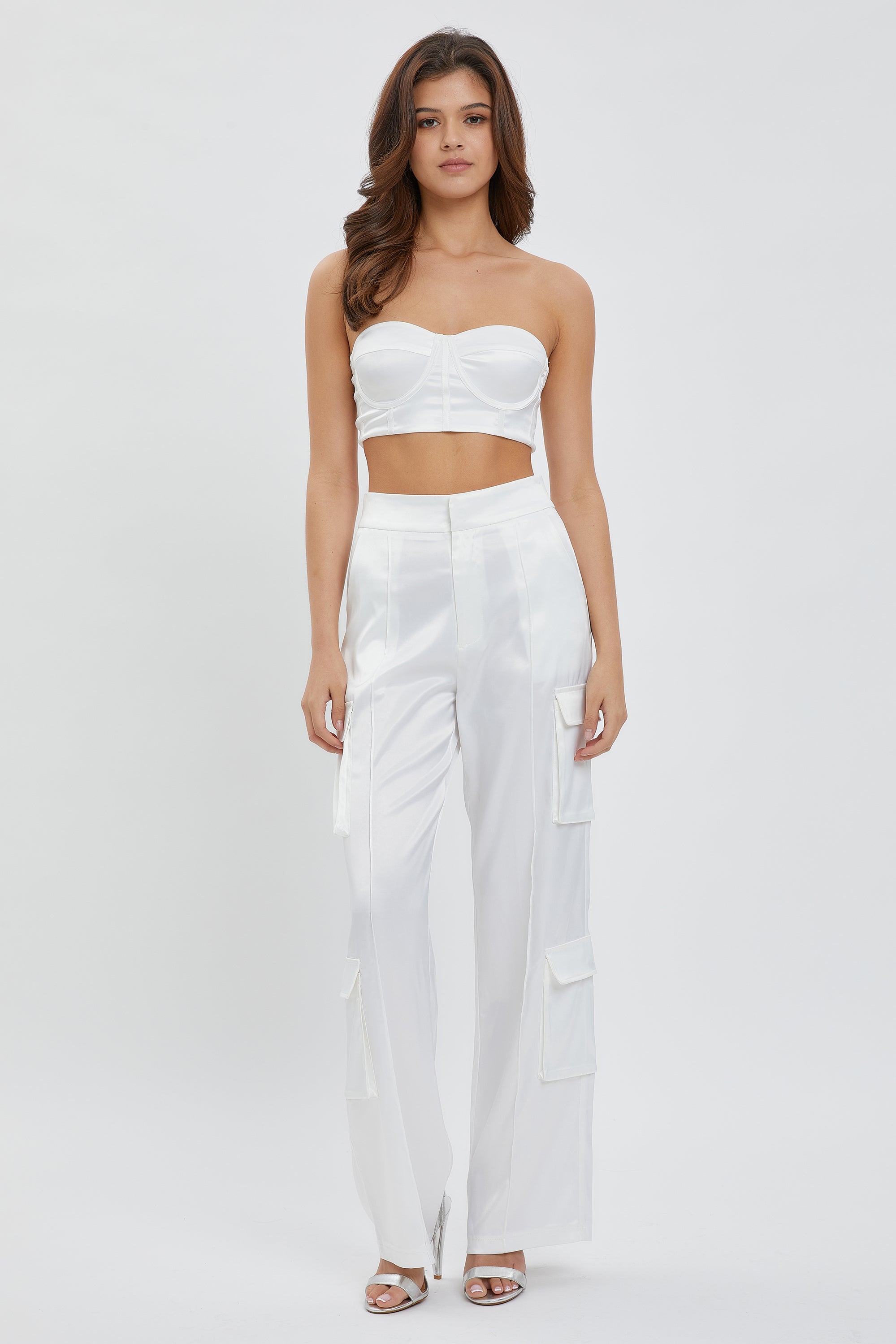 Corset Tube Bra Top and Satin Cargo Pants Set