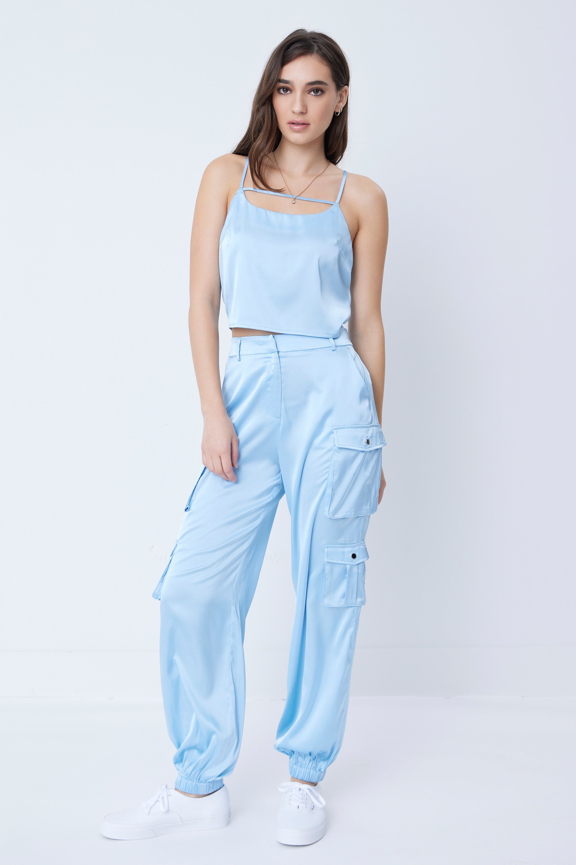 Woven Satin Cami Top With Cargo Pants Set