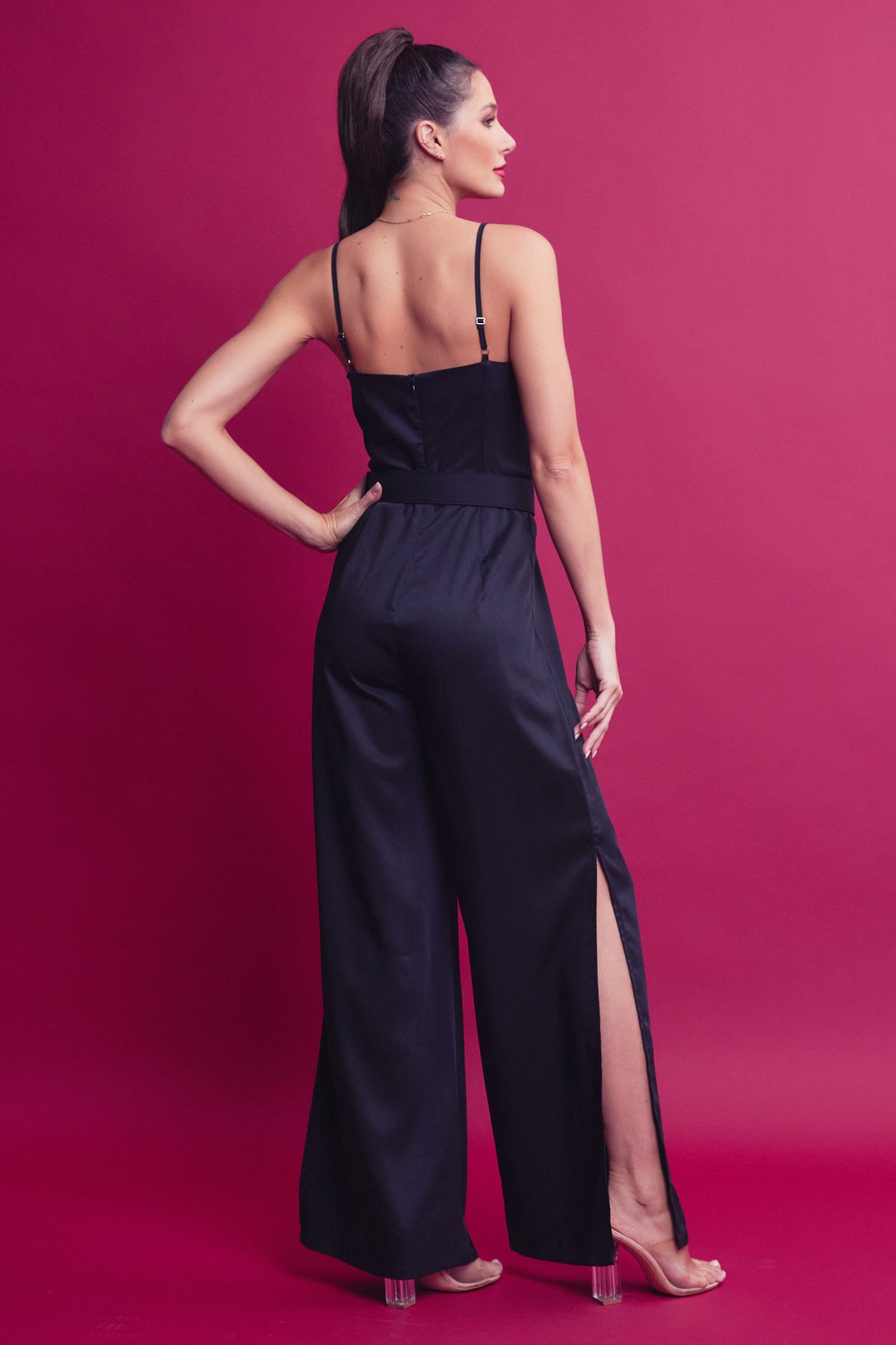 Woven Strappy Jumpsuit With High Side Leg Slits